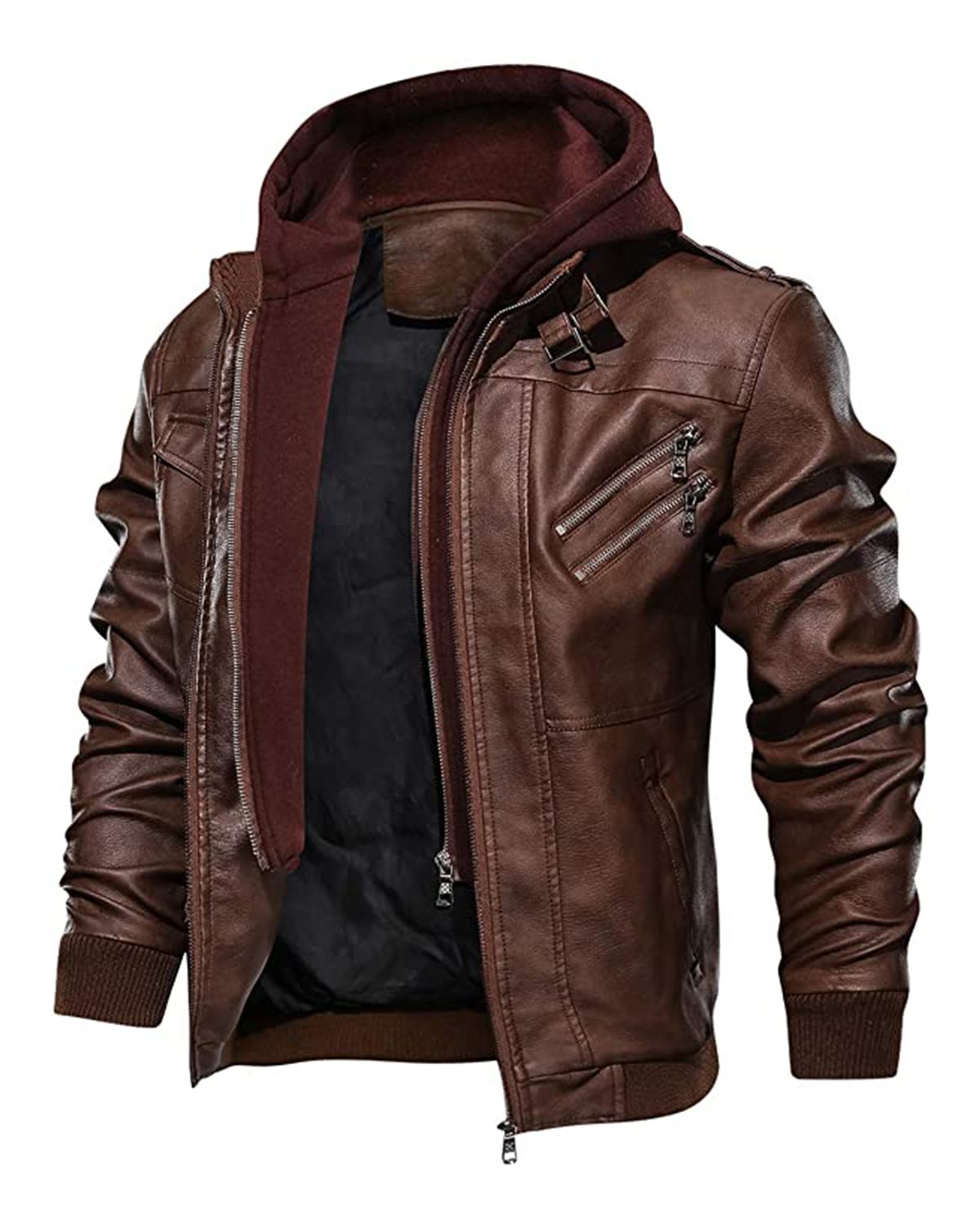 Mens Detachable Hooded Biker Motorcycle Leather Jacket