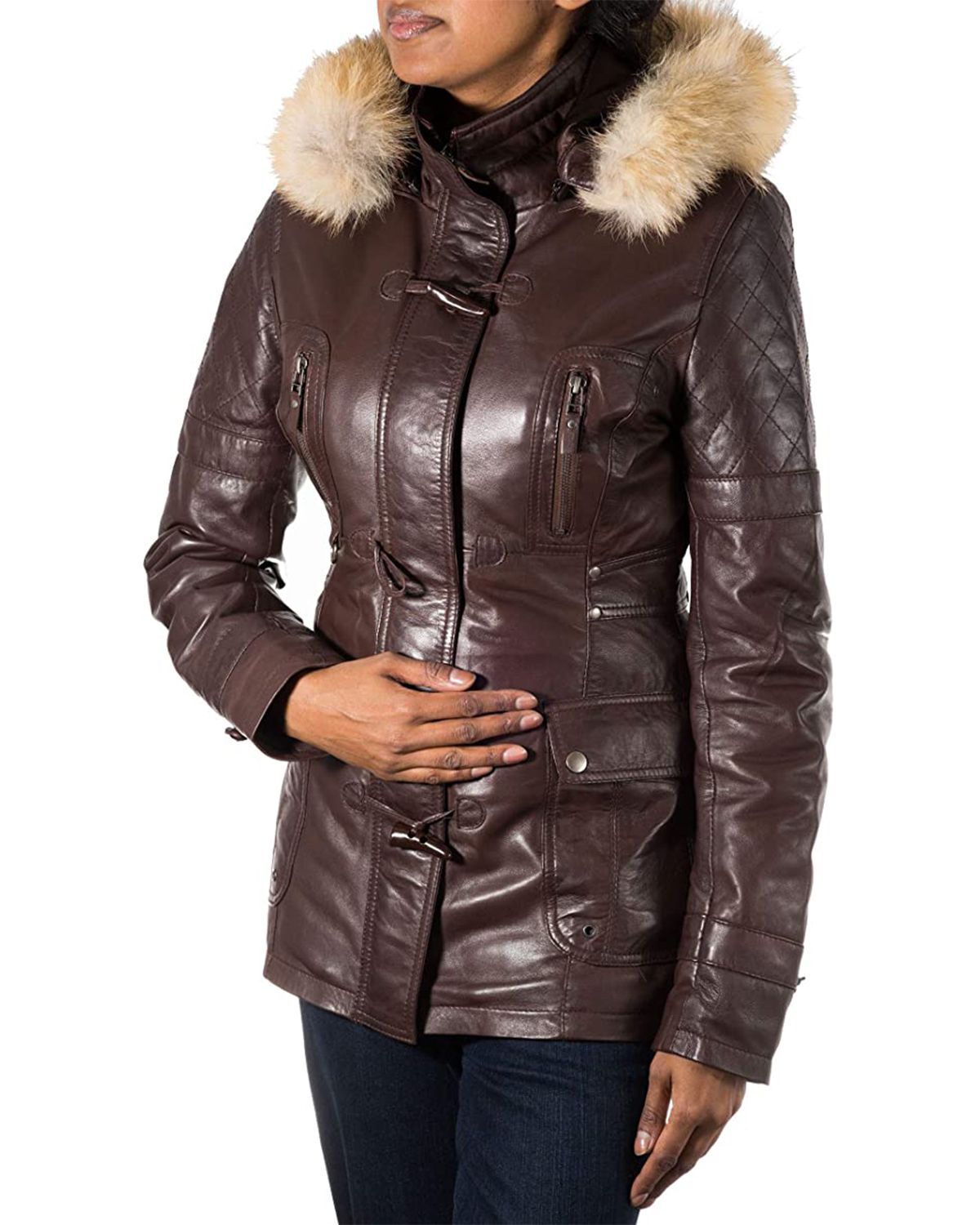 Womens Detachable Hooded Fur Collar Duffle Coat
