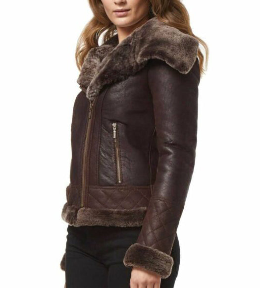 Womens Fur Shearling Stylish Brown Biker Jacket