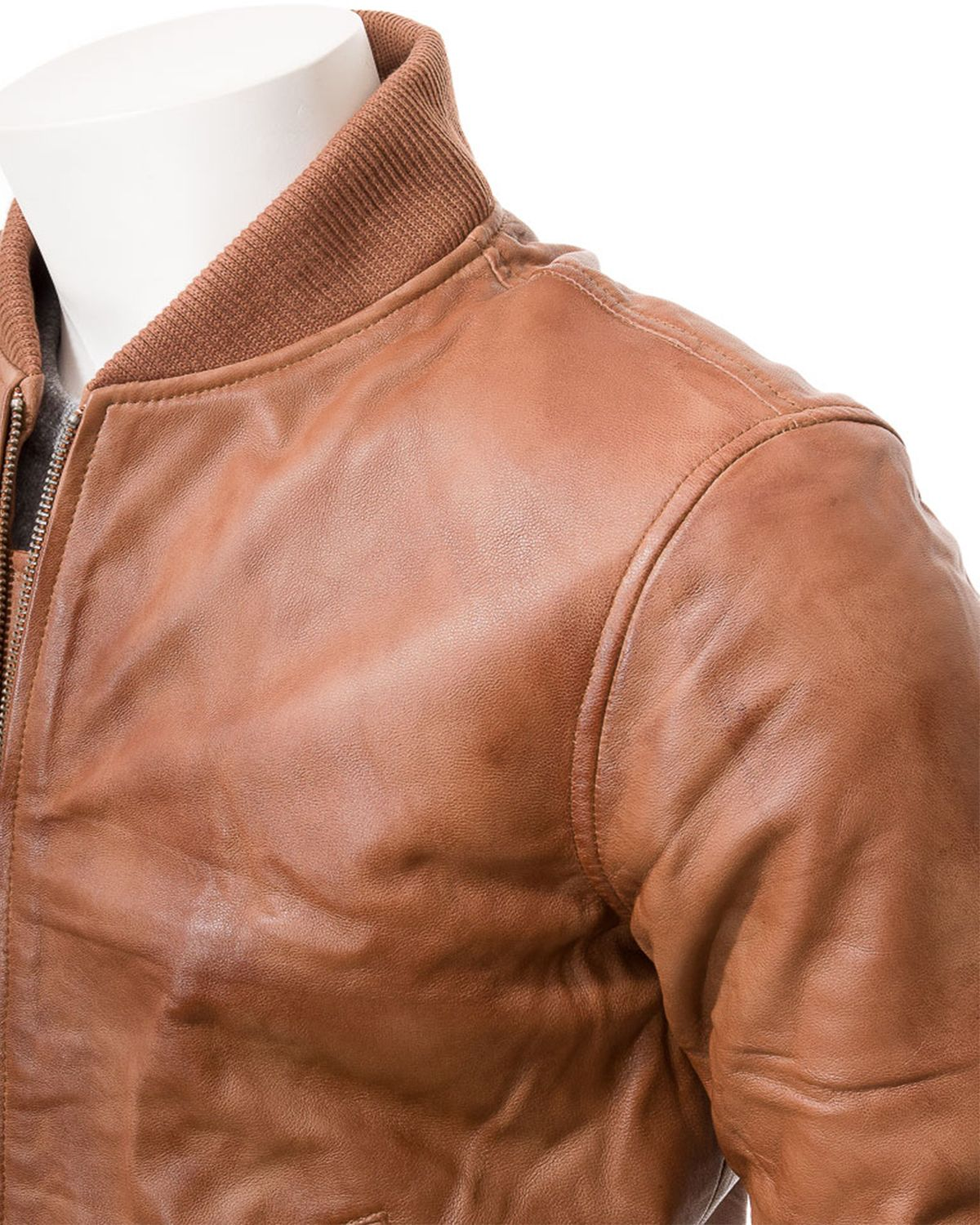 Mens Ribbed Cuffs Tan Brown Bomber Real Leather Jacket