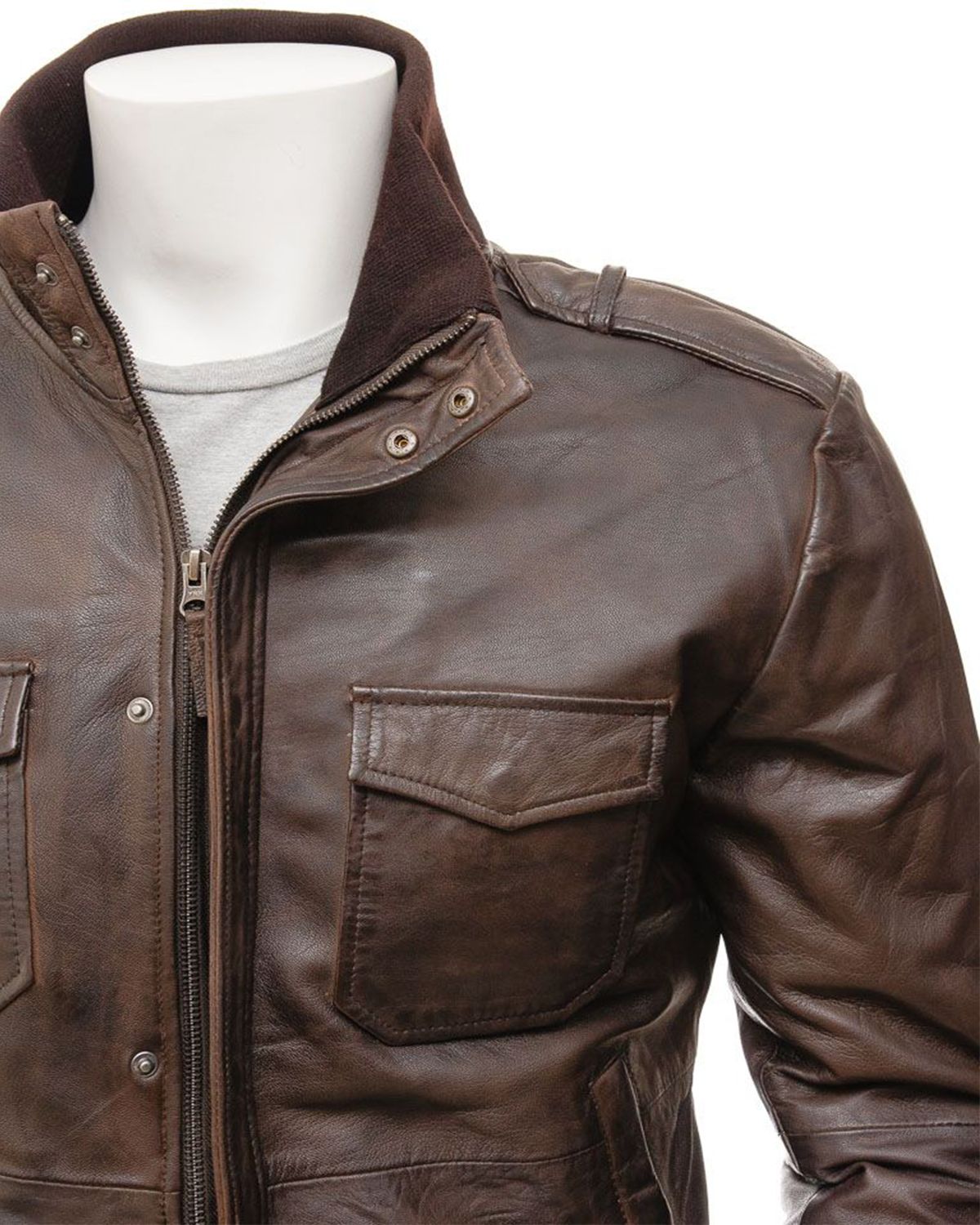 Mens Epaulettes Shoulder Stylish Bomber Leather Jacket