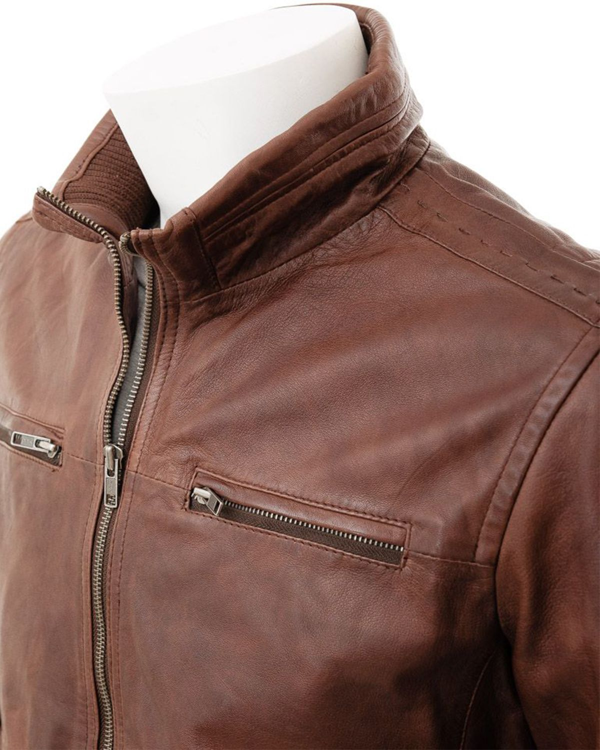 Mens Brown High Funnel Neck Collar Biker Real Leather Jacket