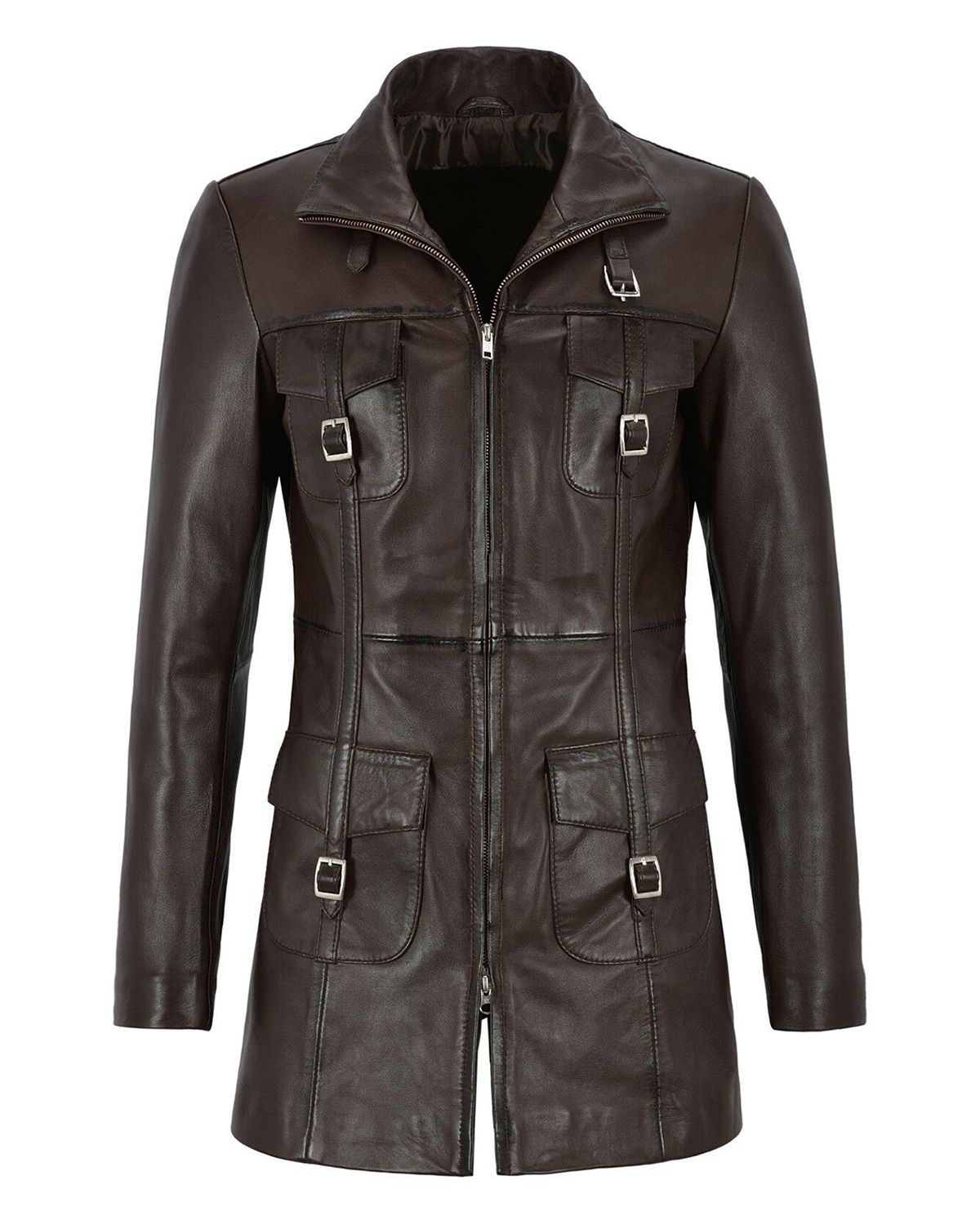 Womens Gothic Style Mid Length Real Sheepskin Leather Coat