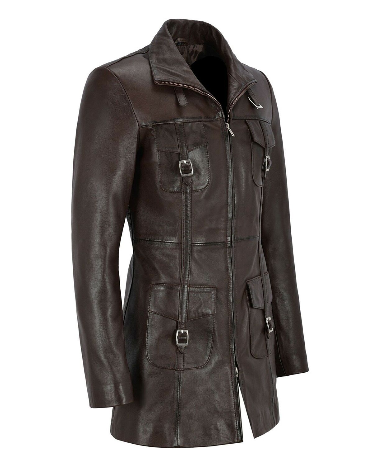 Womens Gothic Style Mid Length Real Sheepskin Leather Coat