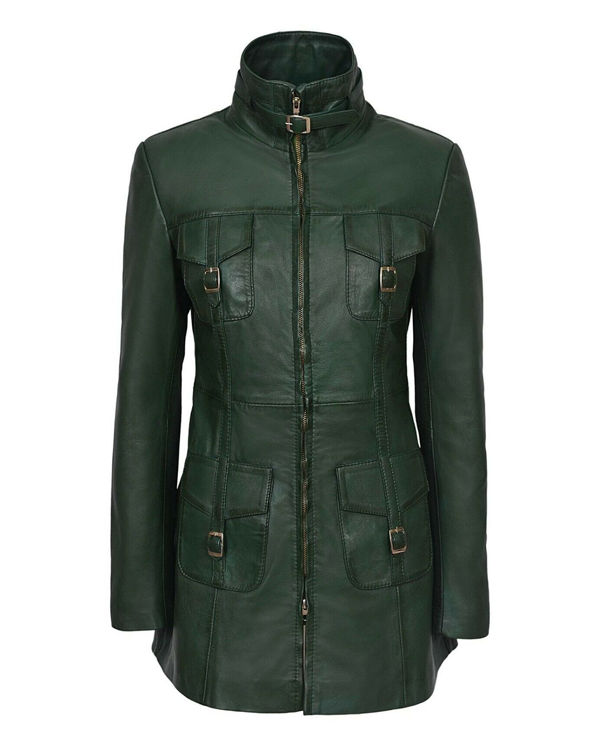 Womens Gothic Style Mid Length Real Sheepskin Leather Coat