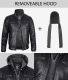 Mens Black Leather Bomber Jacket with Removable Hood