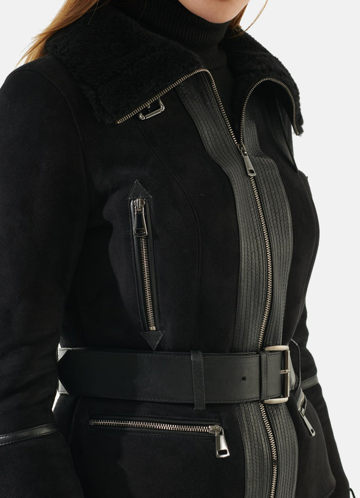 Womens Jet Black Suede Shearling Leather Jacket