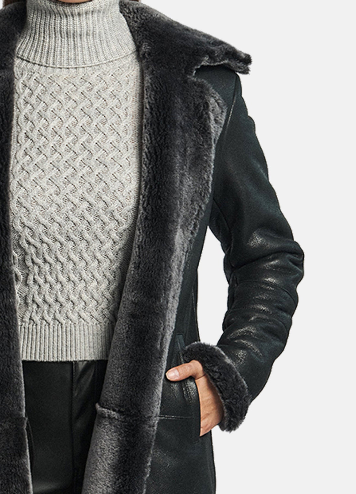 Womens hiny Black Shearling Leather Coat