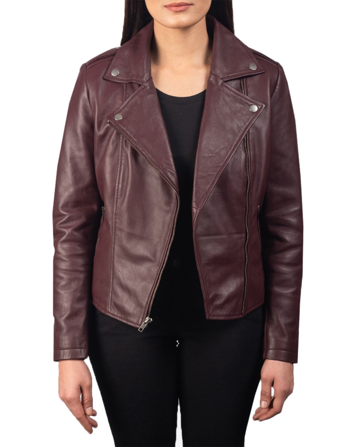 Womens Notch Collar Stylish Biker Leather Jacket