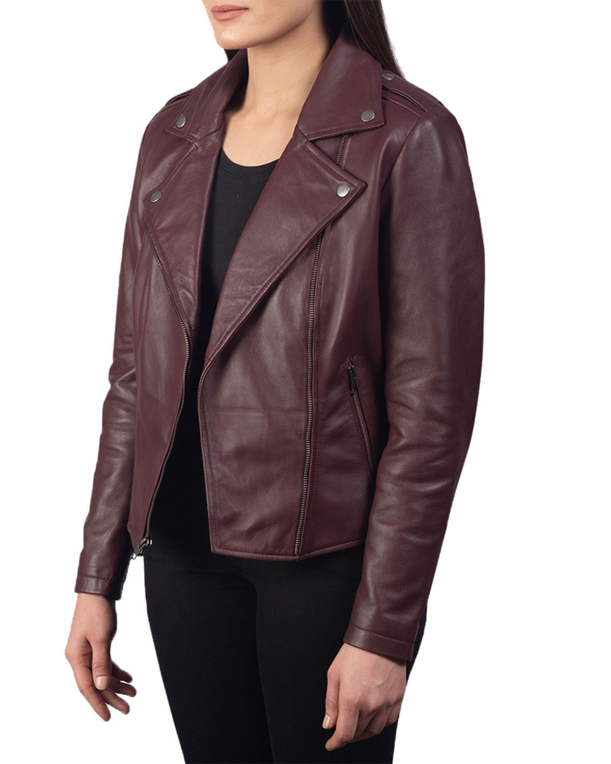 Womens Notch Collar Stylish Biker Leather Jacket