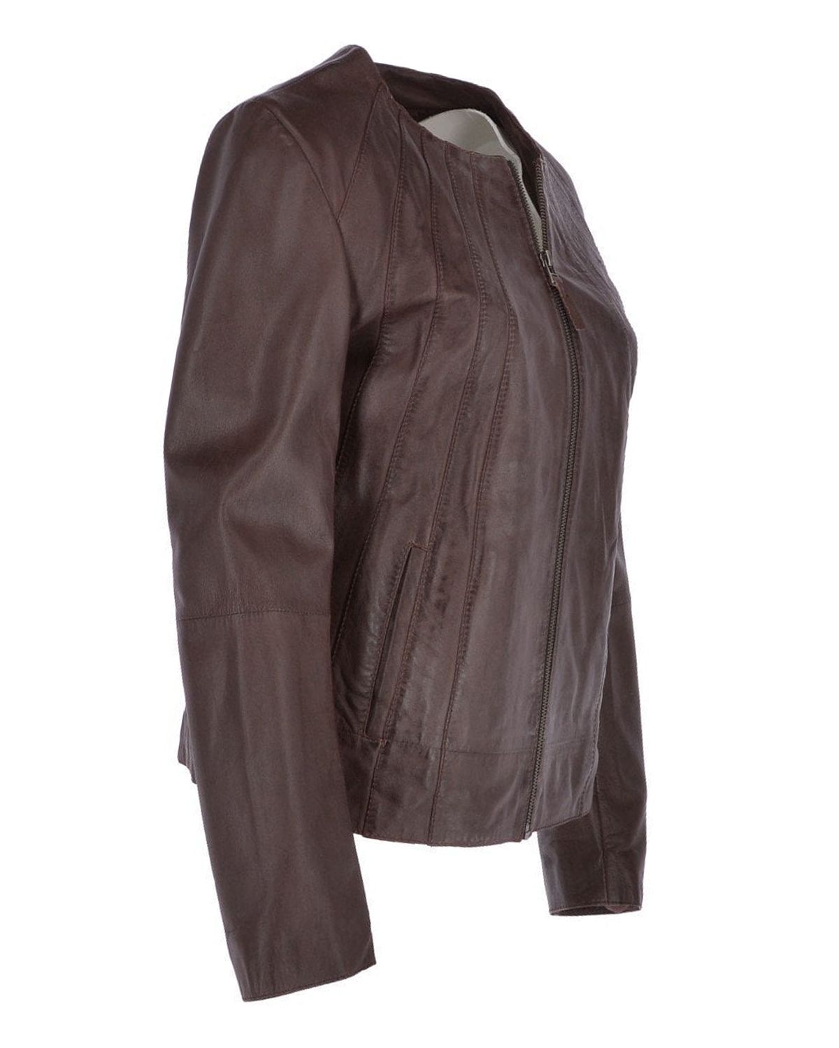 Womens Stylish Collarless Genuine Sheepskin Leather Jacket