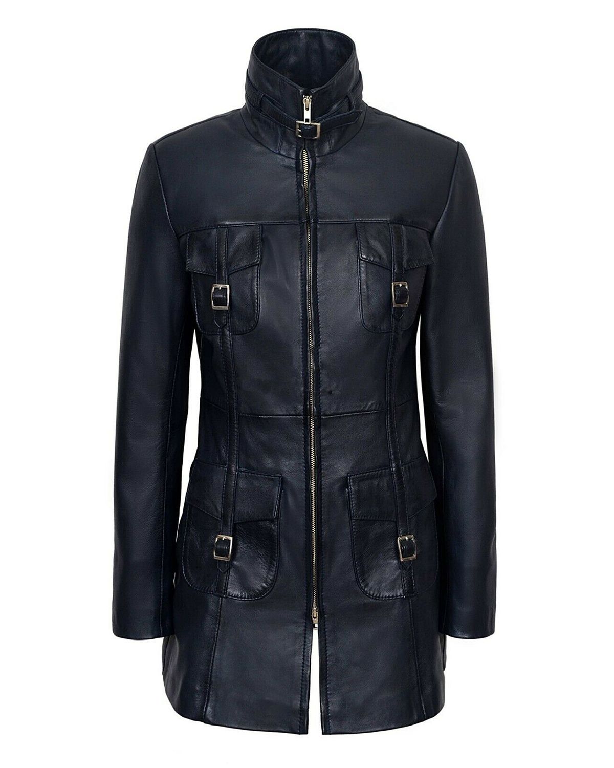 Womens Gothic Style Mid Length Real Sheepskin Leather Coat