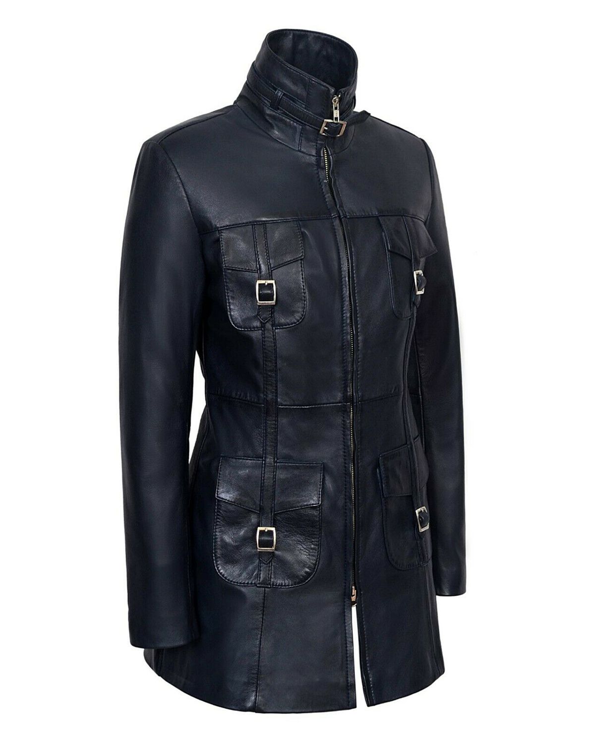 Womens Gothic Style Mid Length Real Sheepskin Leather Coat
