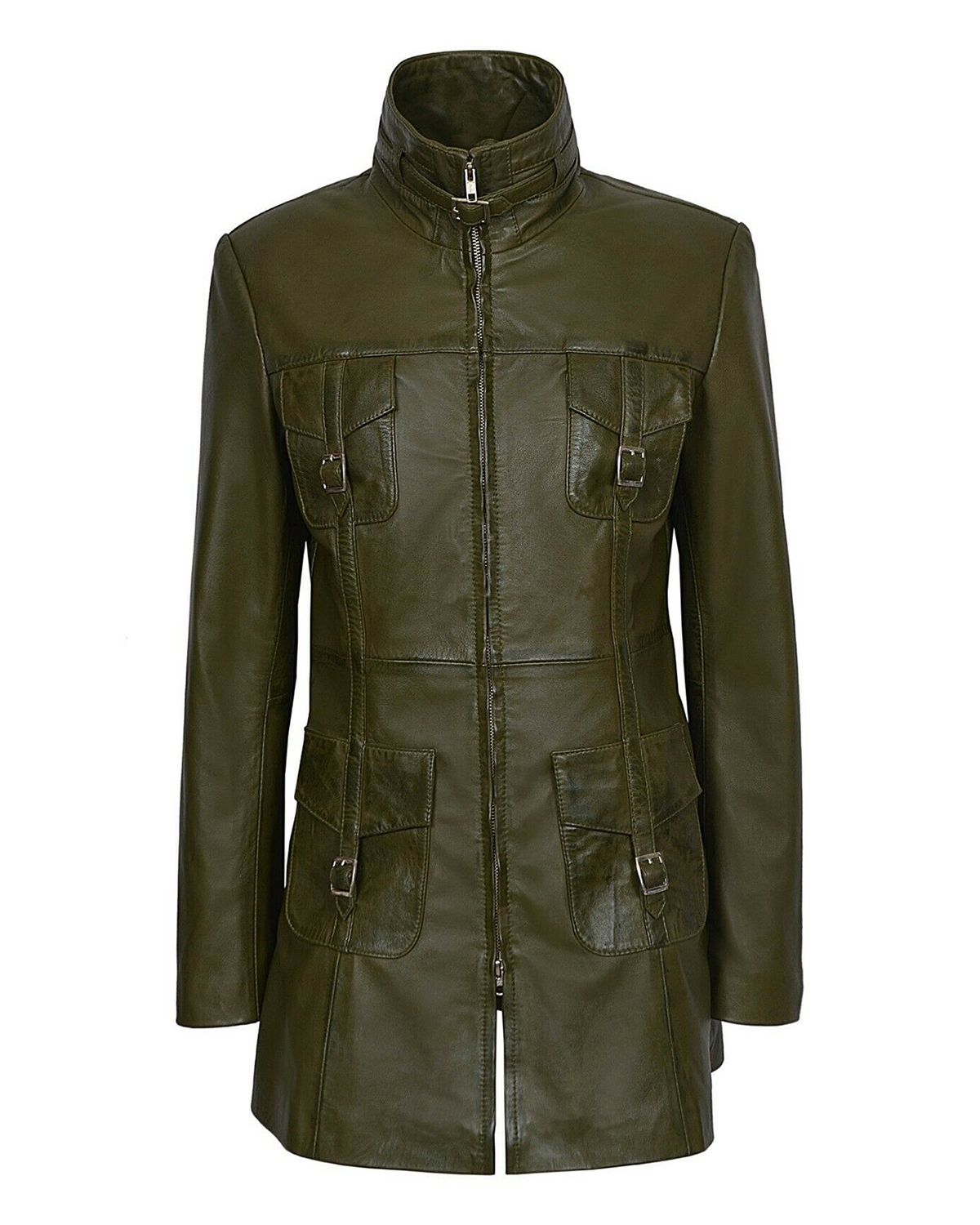 Womens Gothic Style Mid Length Real Sheepskin Leather Coat