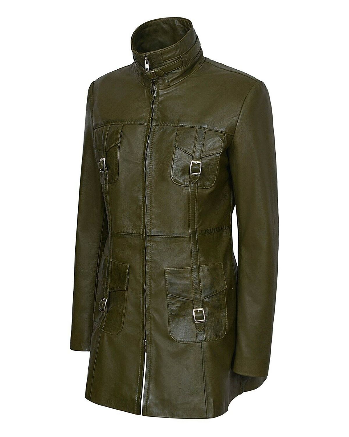 Womens Gothic Style Mid Length Real Sheepskin Leather Coat