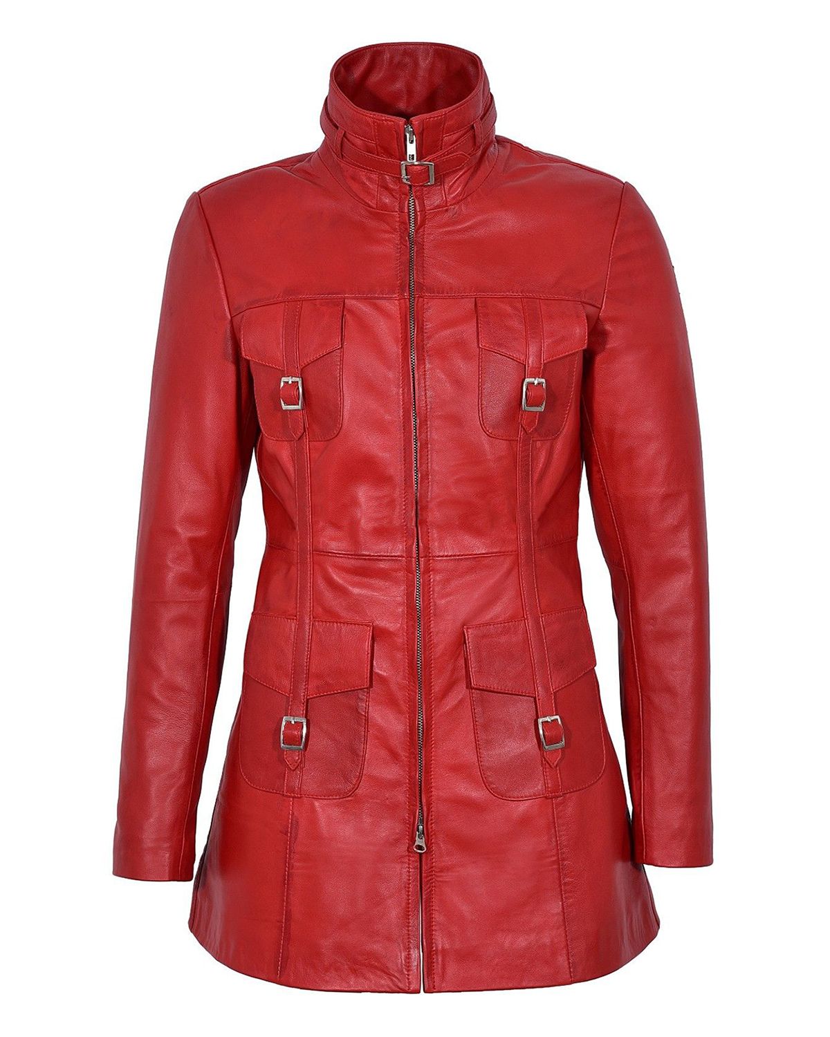 Womens Gothic Style Mid Length Real Sheepskin Leather Coat