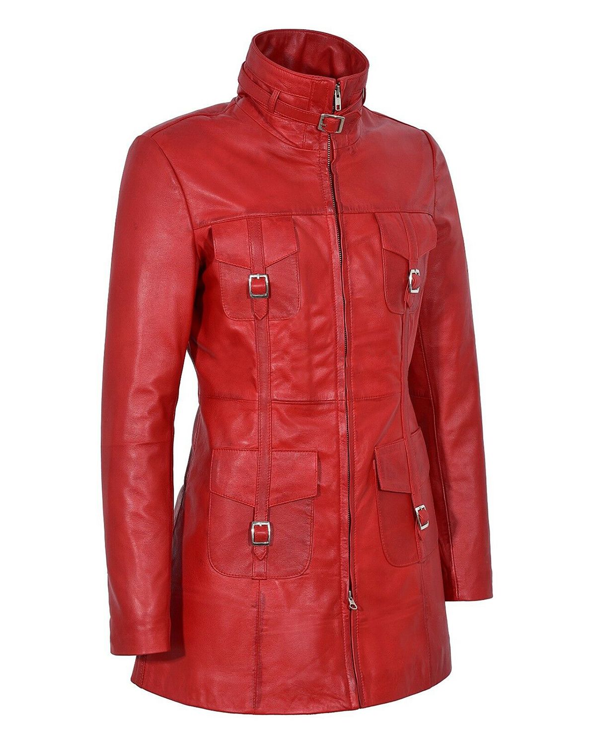 Womens Gothic Style Mid Length Real Sheepskin Leather Coat