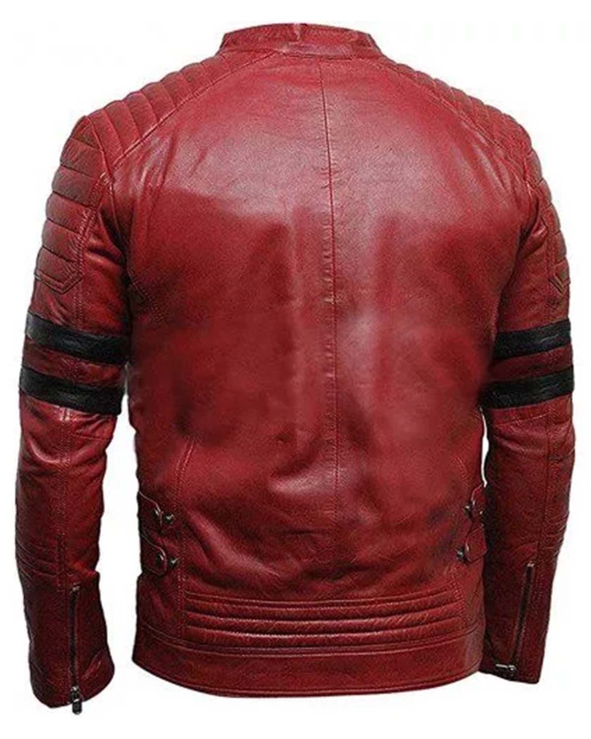 Mens Cafe Racer Retro Biker Red & Black Stripe Motorcycle Leather Jacket