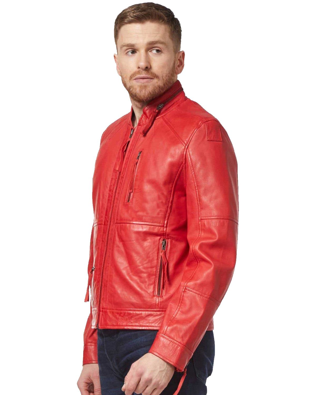Mens Classic Stylish Red Biker Real Leather Jacket