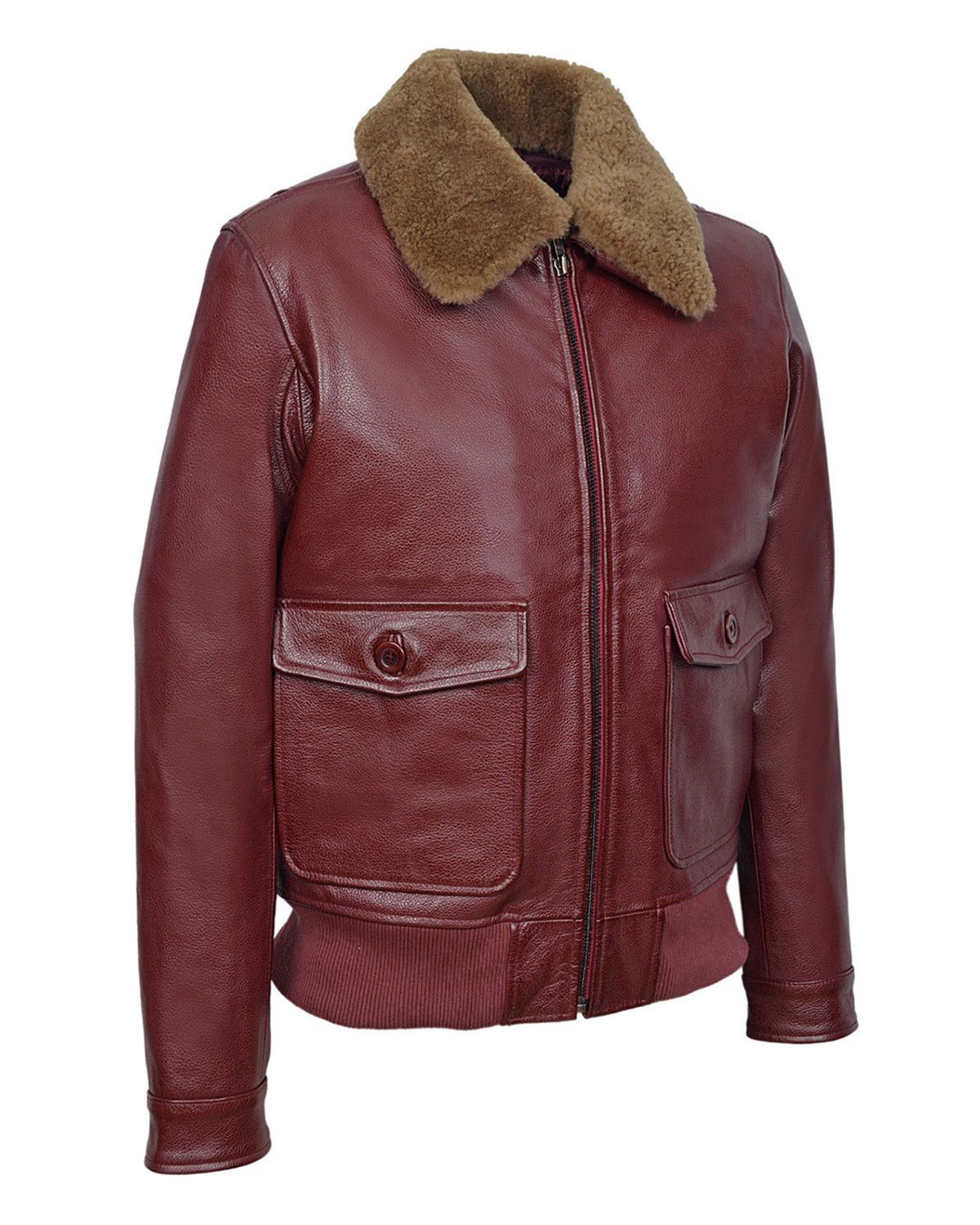 Mens Cherry Bomber Ginger Fur Collar Real Leather Jacket