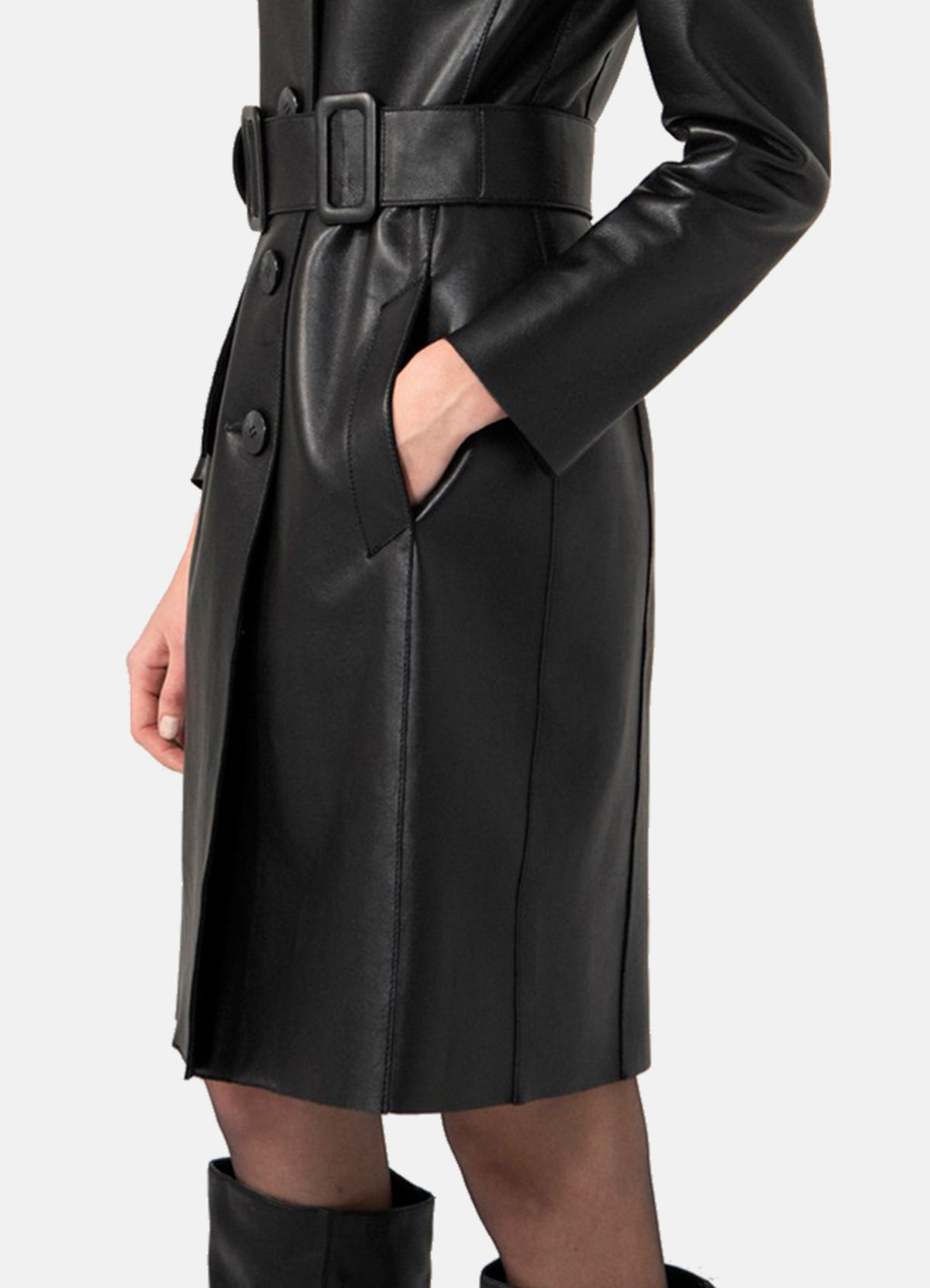Womens mooth Black Trench Leather Coat