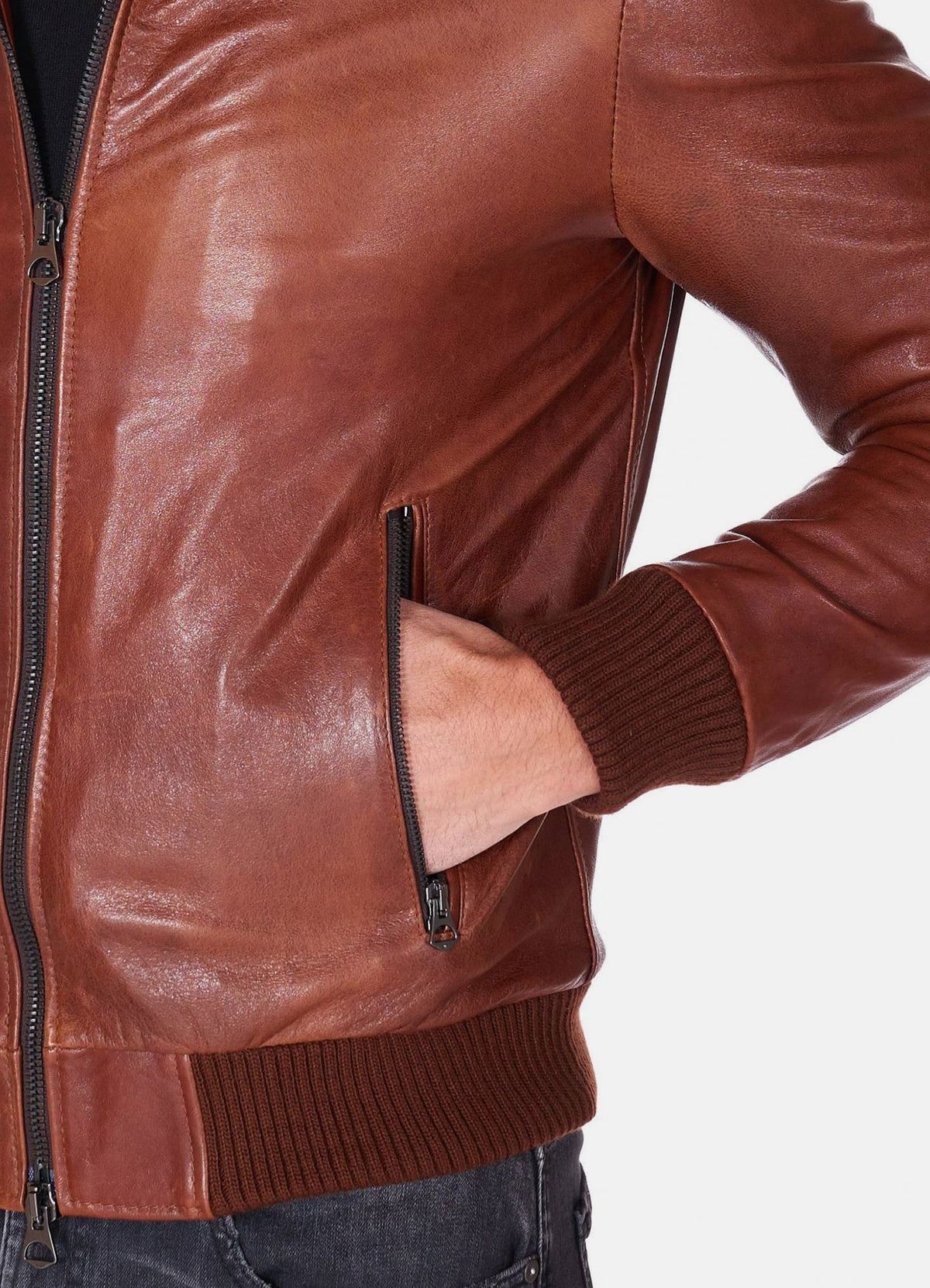 Mens hiny Brown Bomber Leather Jacket