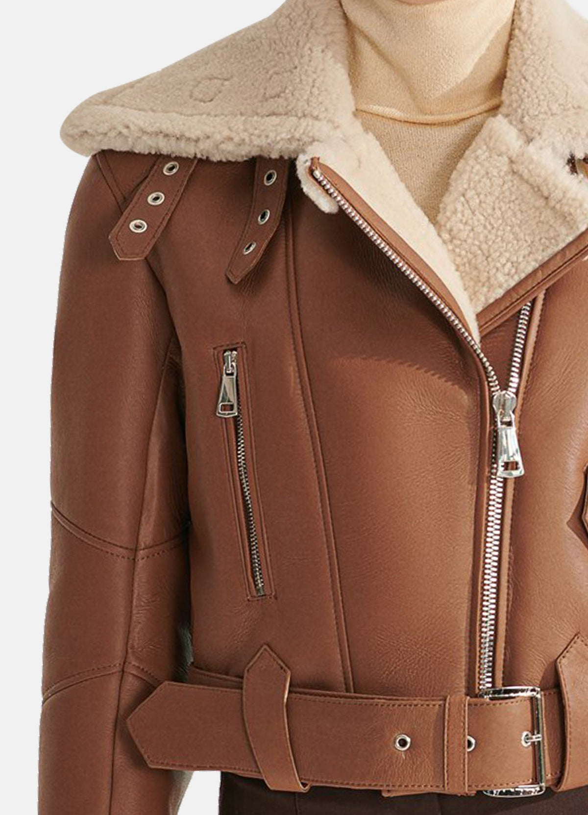 Womens hort Length Tan Shearling Leather Jacket