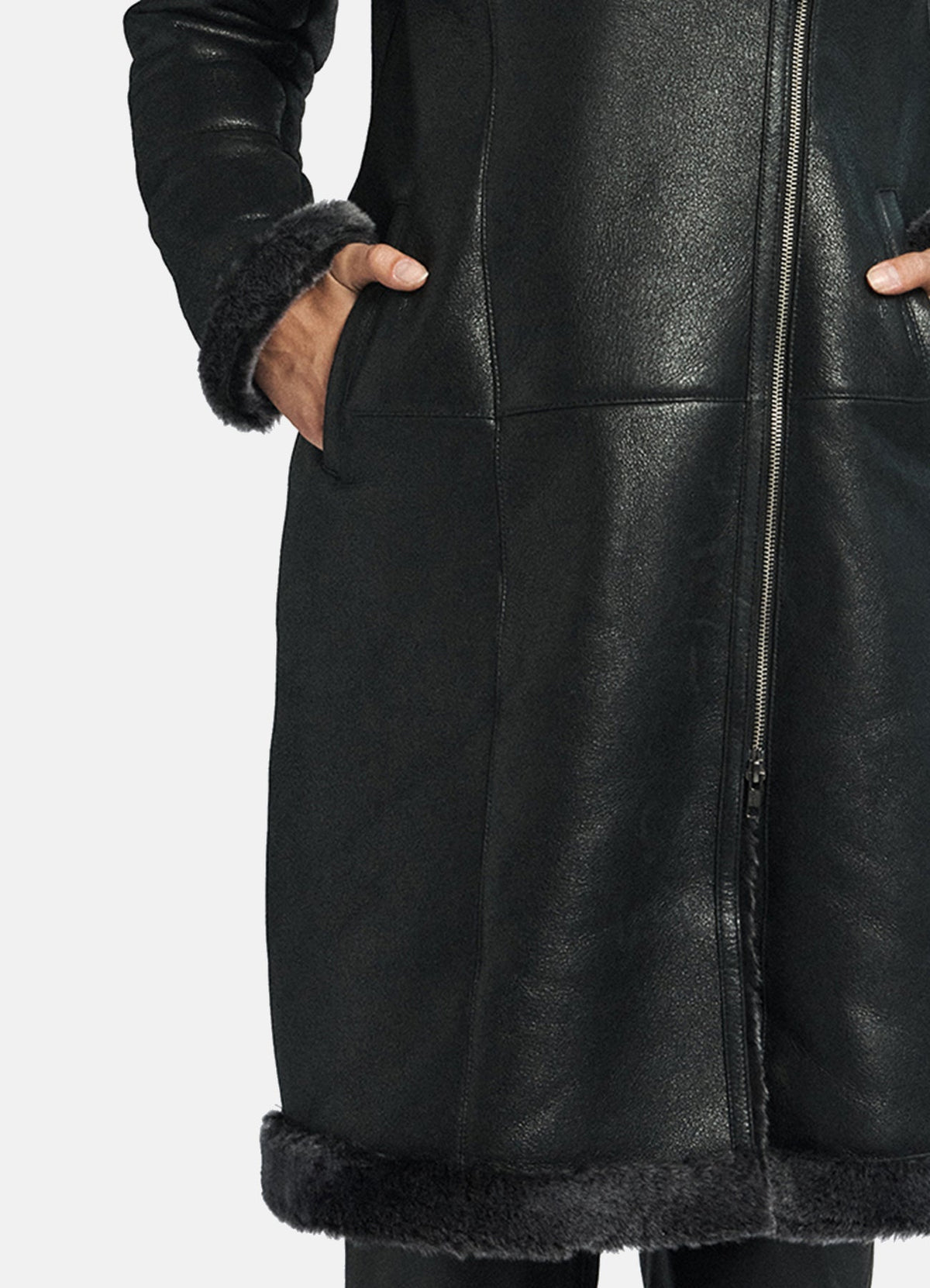 Womens hiny Black Shearling Leather Coat