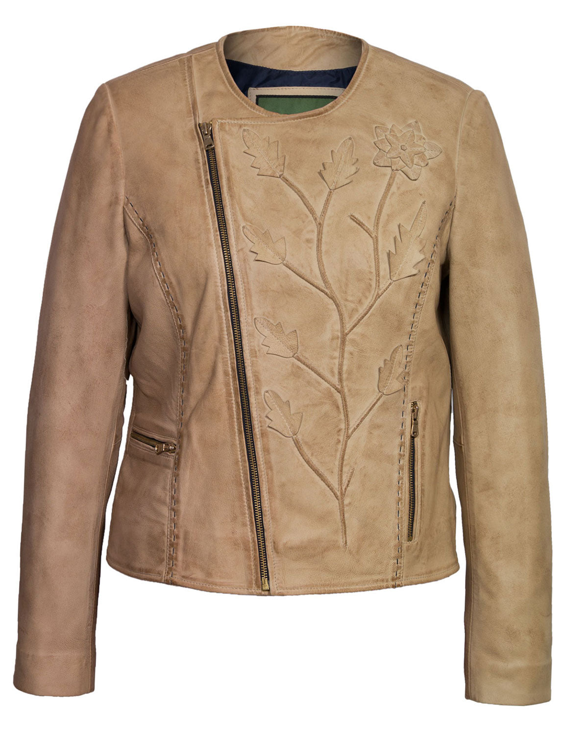 Womens  Sand Collarless Leather Jacket