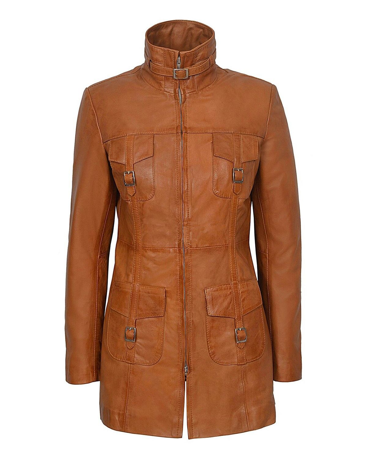 Womens Gothic Style Mid Length Real Sheepskin Leather Coat