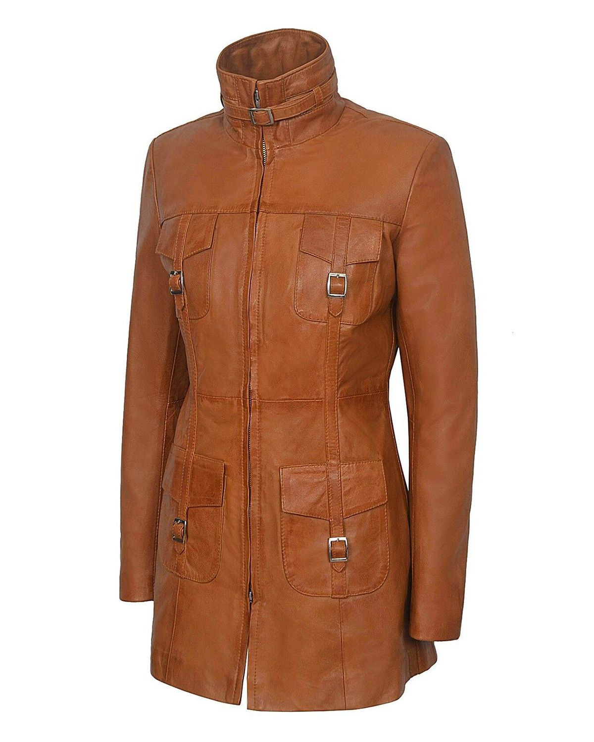 Womens Gothic Style Mid Length Real Sheepskin Leather Coat