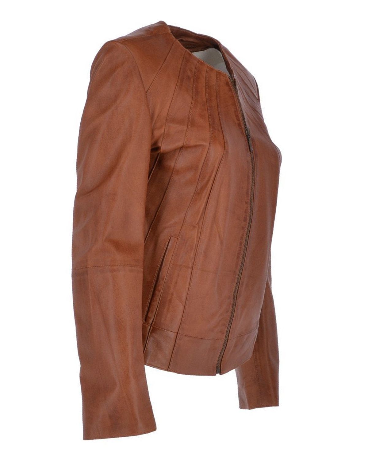 Womens Stylish Collarless Genuine Sheepskin Leather Jacket